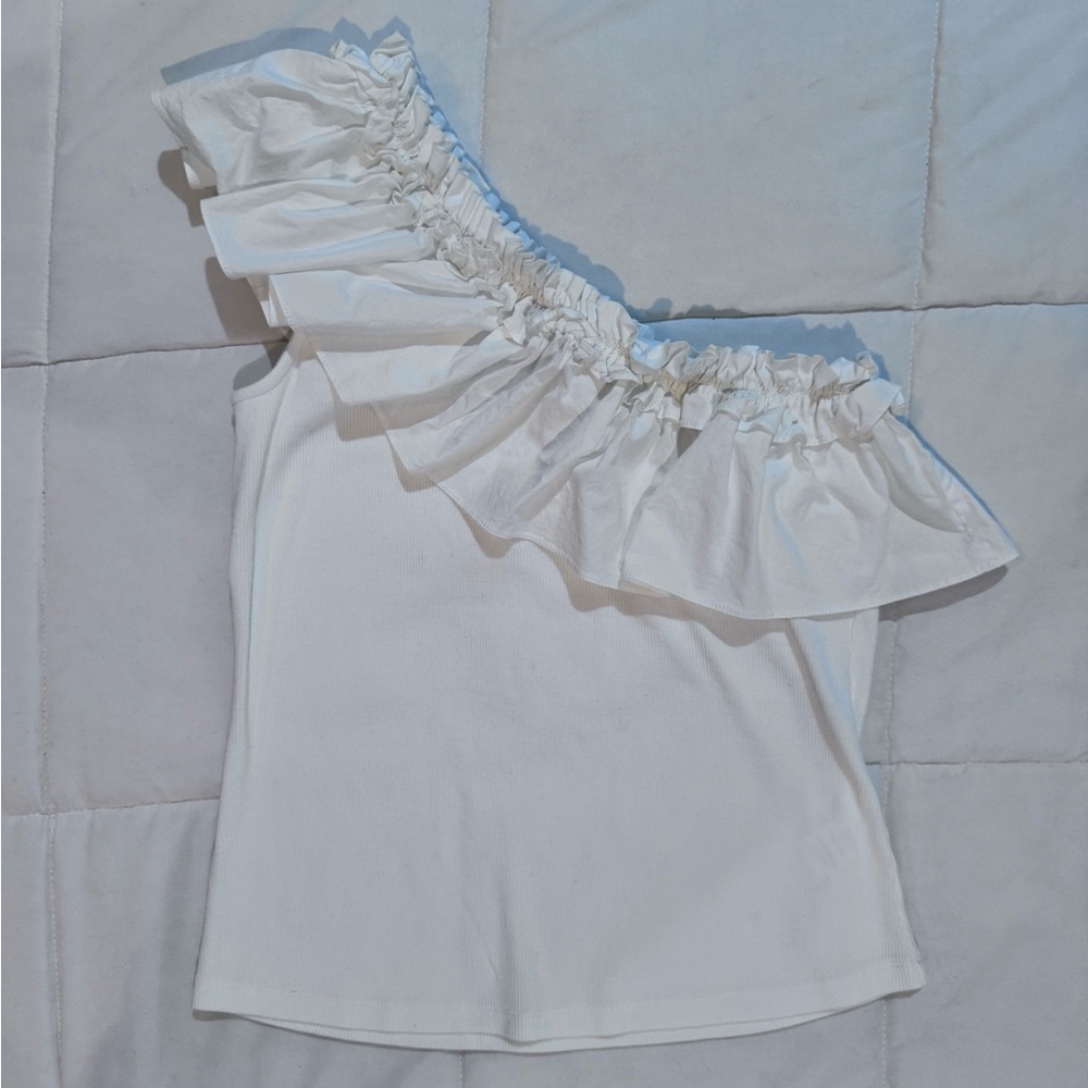 Tru Luxe Jeans White One-Shoulder Ruffle Top